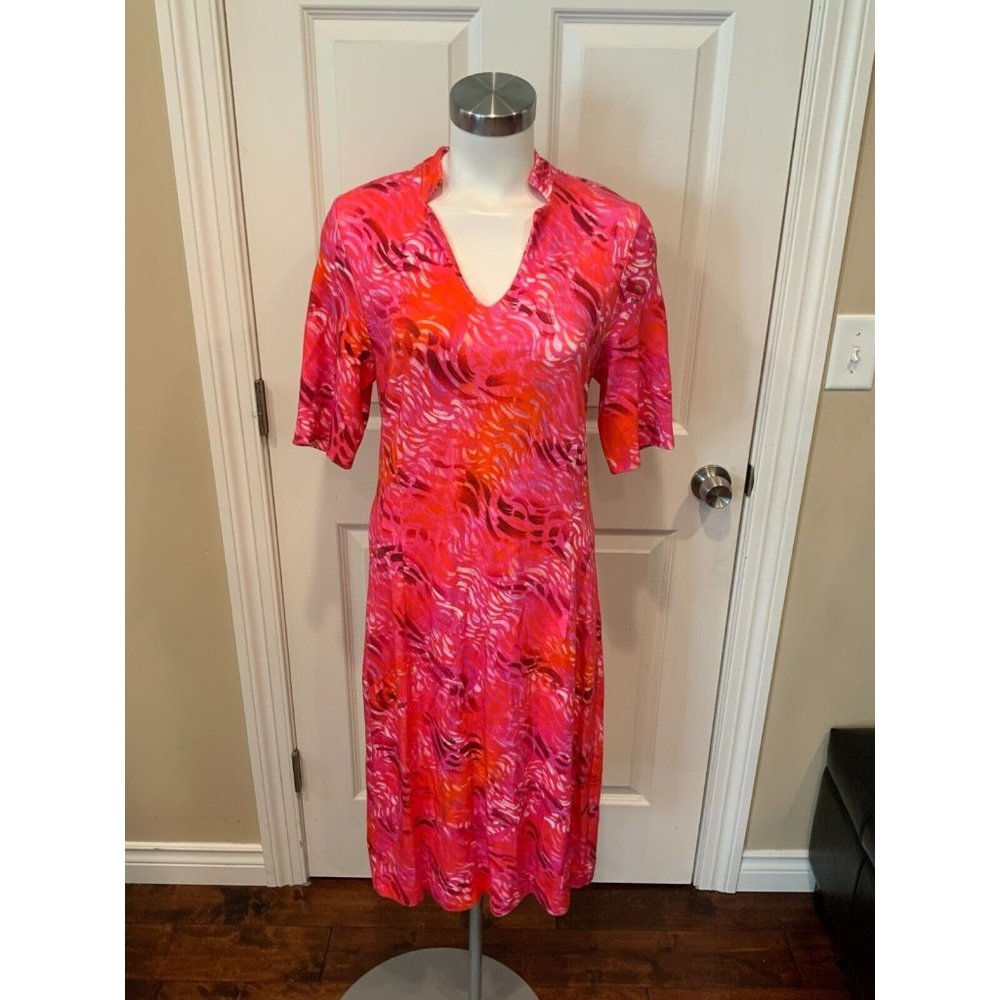 Leggiadro Pink Swirl Inverted Notch Collar Short Sleeve Dress, Size 10 NWT! $495